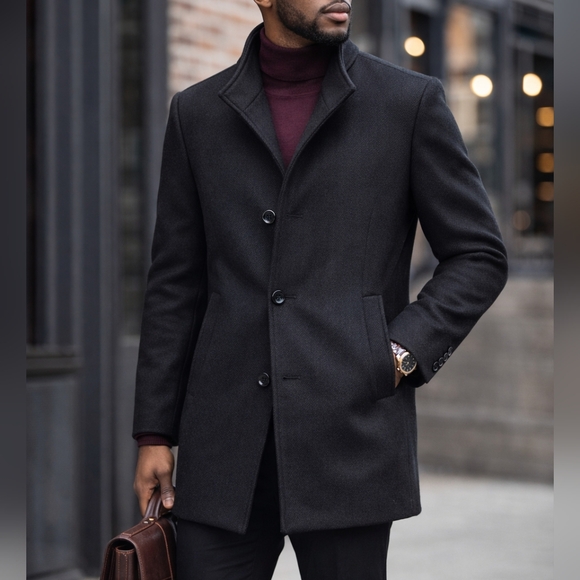 unbranded Other - Men’s Jet Black Wool Blend Car Coat Tailored Classic Minimalist Jacket Size Med